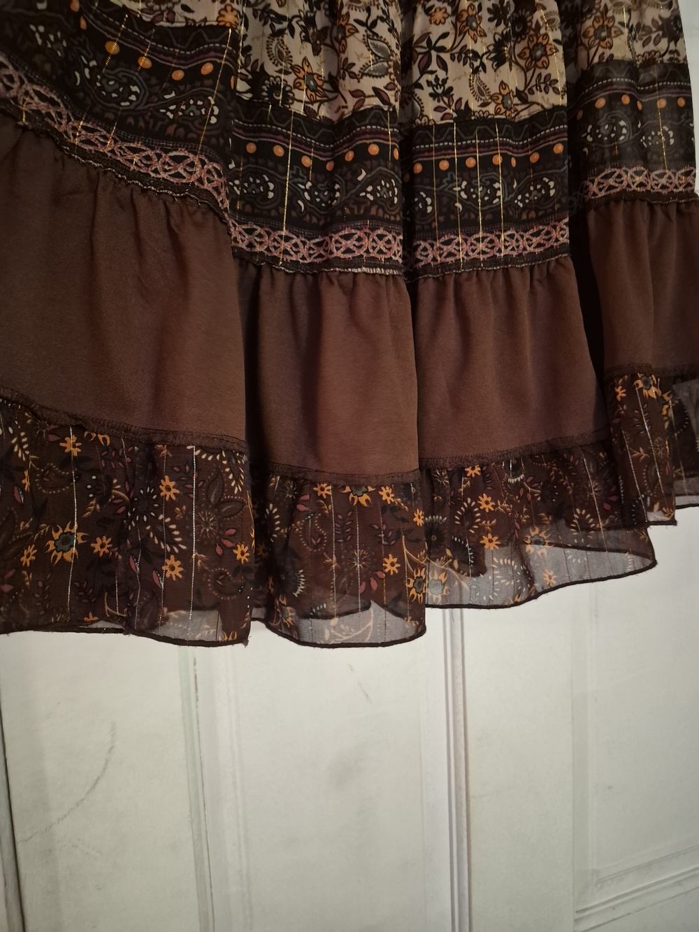 Sweet Lily Elastic Waist Floral Brown Tiered Midi Skirt - Size L - Picture 5 of 12